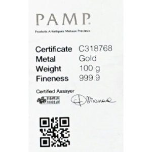 PAMP 100 Grams Gold Cast Bar Certificate