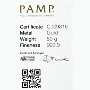 PAMP 50 Grams Gold Cast Bar Certificate