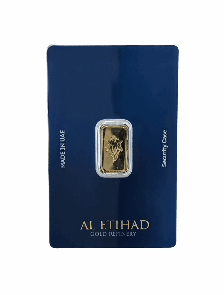 Al Etihad 2.5g Gold Bar featuring an elegant lily flower design, minted in Dubai