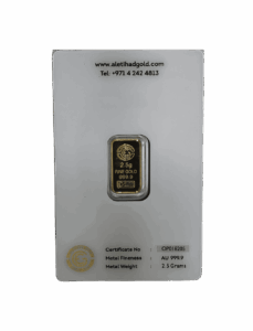 Al Etihad 2.5g Gold Bar featuring an elegant lily flower design, minted in Dubai