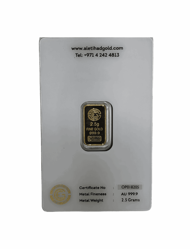 Al Etihad 2.5g Gold Bar featuring an elegant lily flower design, minted in Dubai