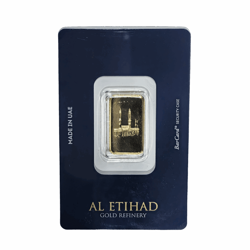 Al Etihad - Mecca 5 Grams Gold Bar – 999.9 Purity with Mecca design, certified by Al Etihad Gold, Dubai.