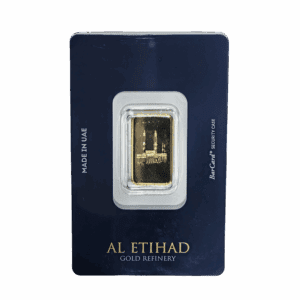 Al Etihad - Mecca 5 Grams Gold Bar – 999.9 Purity with Mecca design, certified by Al Etihad Gold, Dubai.