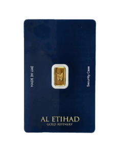 Al Etihad Butterfly 1g gold bar sealed in blue security case, 999.9 fine gold from UAE