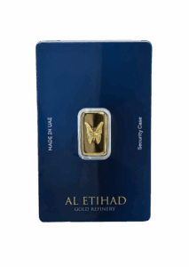 Al Etihad Butterfly 2.5g gold bar sealed in blue security case, 999.9 fine gold from UAE