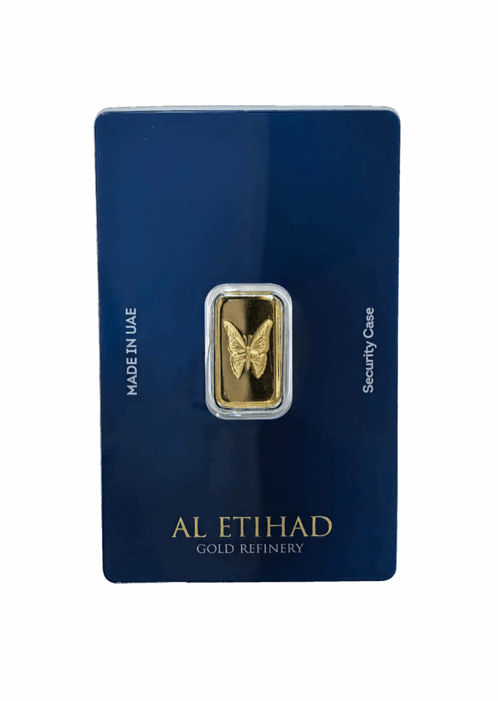 Al Etihad Butterfly 2.5g gold bar sealed in blue security case, 999.9 fine gold from UAE