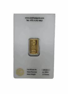 Al Etihad Butterfly 2.5g gold bar sealed in blue security case, 999.9 fine gold from UAE