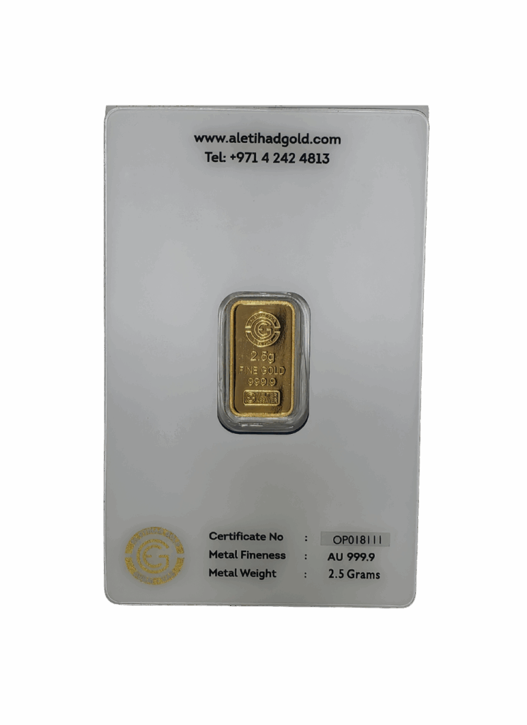 Al Etihad Butterfly 2.5g gold bar sealed in blue security case, 999.9 fine gold from UAE