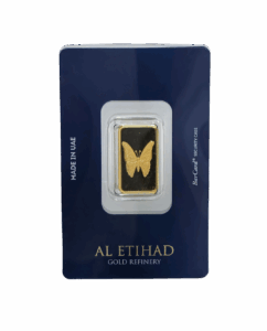 Al Etihad Butterfly 5g gold bar sealed in blue security case, 999.9 fine gold from UAE