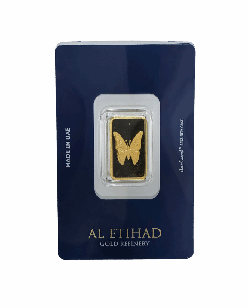 Al Etihad Butterfly 5g gold bar sealed in blue security case, 999.9 fine gold from UAE