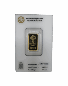 Al Etihad Butterfly 5g gold bar sealed in blue security case, 999.9 fine gold from UAE