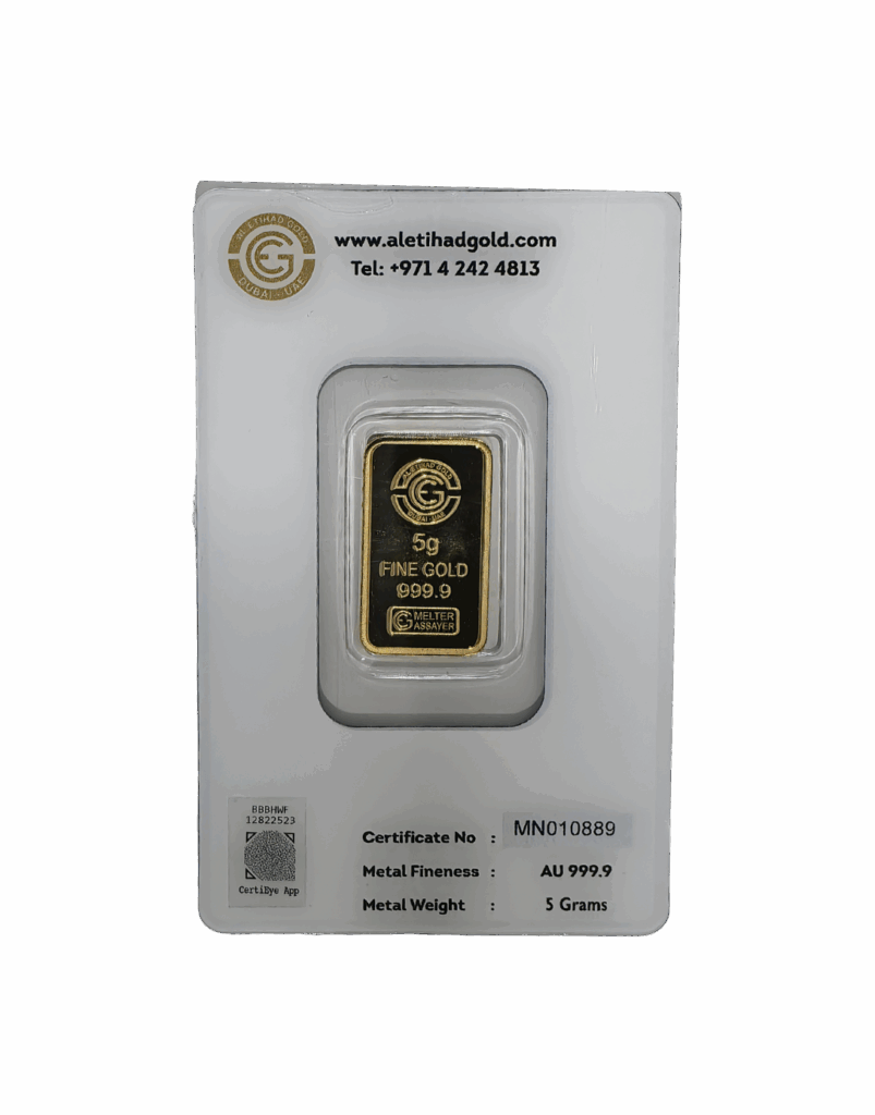Al Etihad Butterfly 5g gold bar sealed in blue security case, 999.9 fine gold from UAE