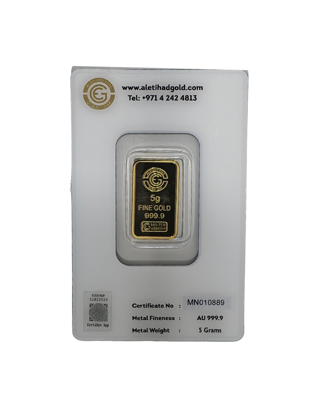 Al Etihad Butterfly 5g gold bar sealed in blue security case, 999.9 fine gold from UAE