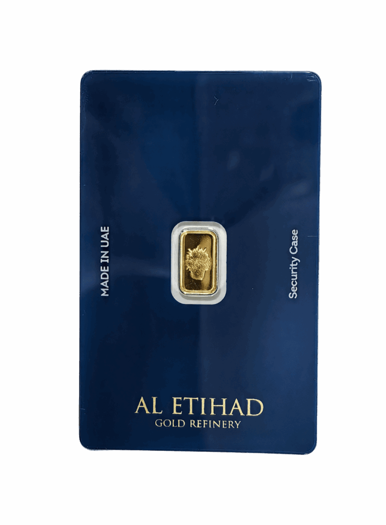 Al Etihad 1g gold bar featuring flower baskets design in 999.9 fine gold