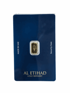 Al Etihad 1g Gold Bar featuring an elegant lily flower design, minted in Dubai