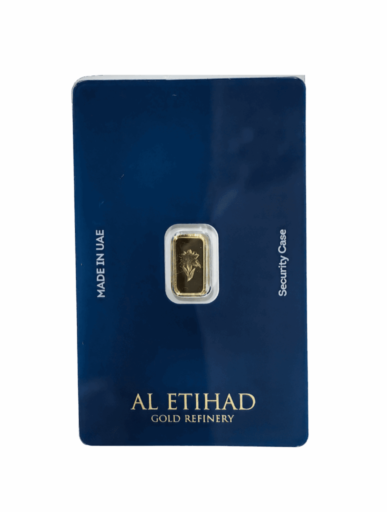 Al Etihad 1g Gold Bar featuring an elegant lily flower design, minted in Dubai