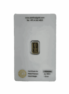 Al Etihad 1g Gold Bar featuring an elegant lily flower design, minted in Dubai