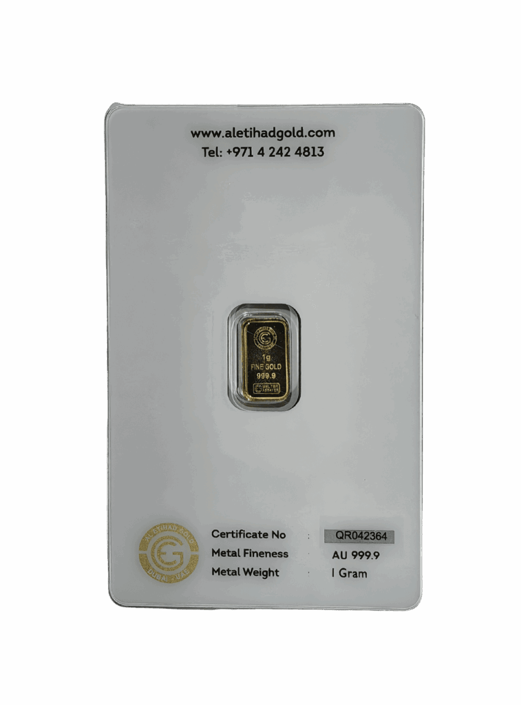 Al Etihad 1g Gold Bar featuring an elegant lily flower design, minted in Dubai