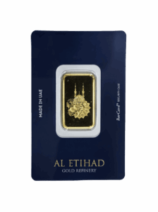 Al Etihad Madeena 10g Gold Bar featuring mosque and floral design in sealed packaging