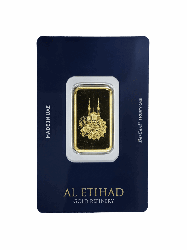 Al Etihad Madeena 10g Gold Bar featuring mosque and floral design in sealed packaging