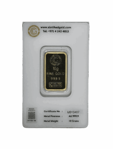 Al Etihad Madeena 10g Gold Bar featuring mosque and floral design in sealed packaging