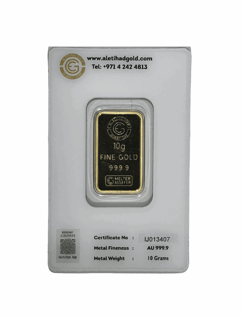 Al Etihad Madeena 10g Gold Bar featuring mosque and floral design in sealed packaging
