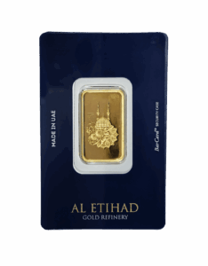 Al Etihad Madeena 5g Gold Bar featuring mosque and floral design in sealed packaging