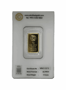 Al Etihad Madeena 5g Gold Bar featuring mosque and floral design in sealed packaging