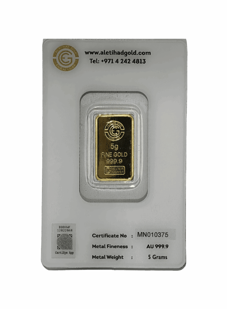 Al Etihad Madeena 5g Gold Bar featuring mosque and floral design in sealed packaging