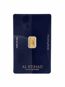 Al Etihad - Mecca 1g Gold Bar – 999.9 Purity with Mecca design, certified by Al Etihad Gold, Dubai.
