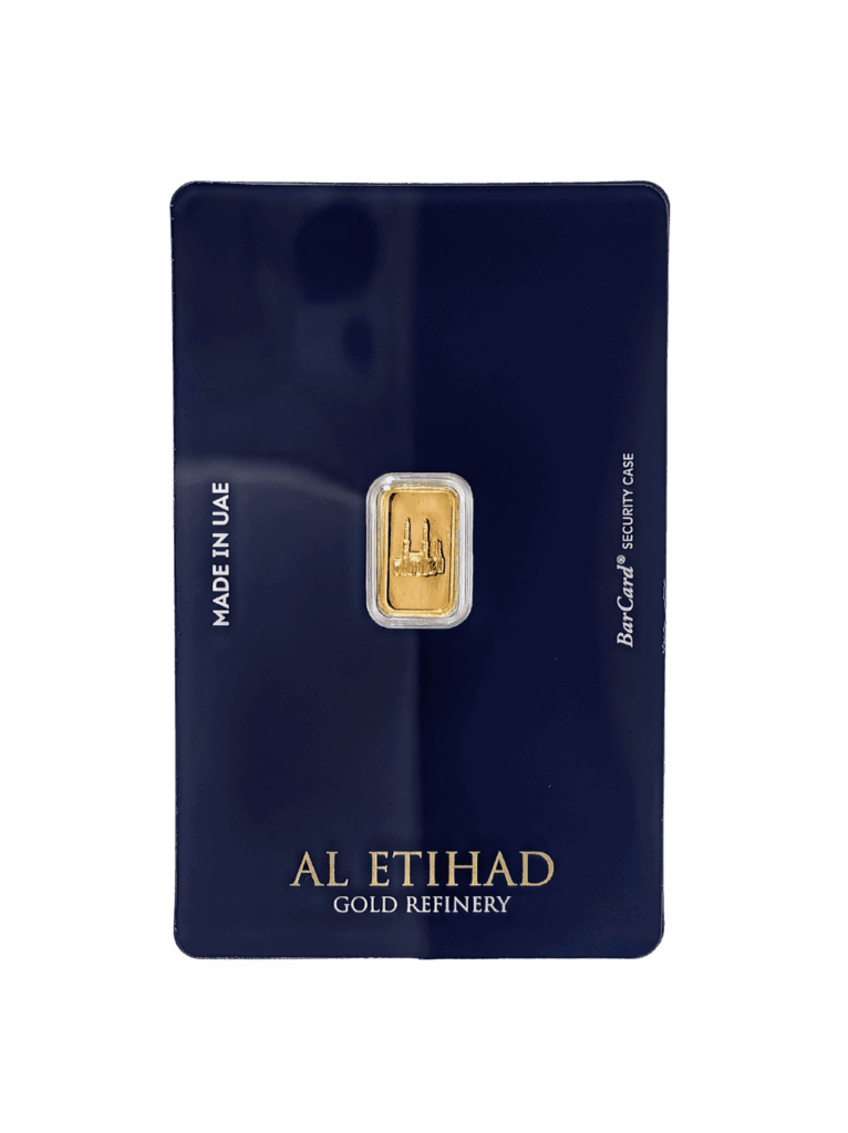 Al Etihad - Mecca 1g Gold Bar – 999.9 Purity with Mecca design, certified by Al Etihad Gold, Dubai.