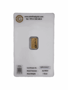 Al Etihad - Mecca 1g Gold Bar – 999.9 Purity with Mecca design, certified by Al Etihad Gold, Dubai.