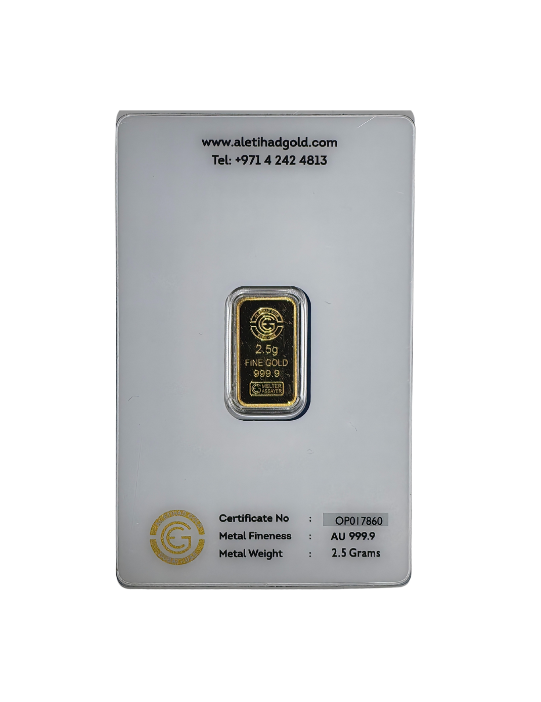 Al Etihad - Mecca 2.5 Grams Gold Bar – 999.9 Purity with Mecca design, certified by Al Etihad Gold, Dubai.