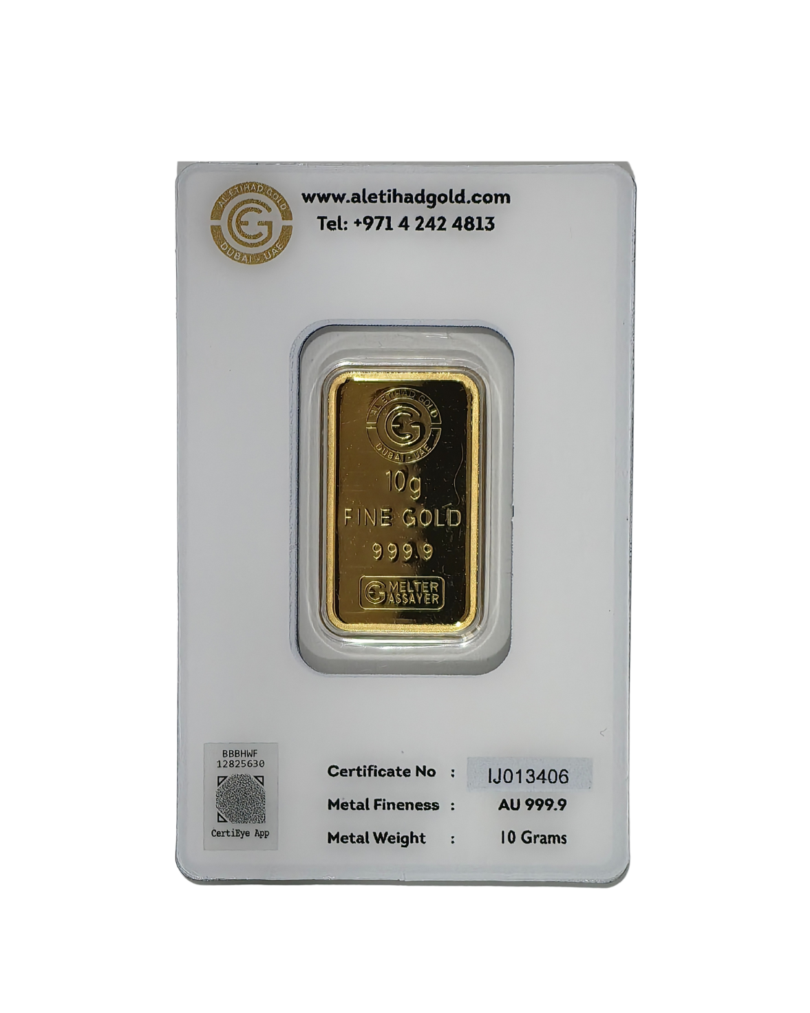Al Etihad - Mecca 10 Grams Gold Bar – 999.9 Purity with Mecca design, certified by Al Etihad Gold, Dubai.