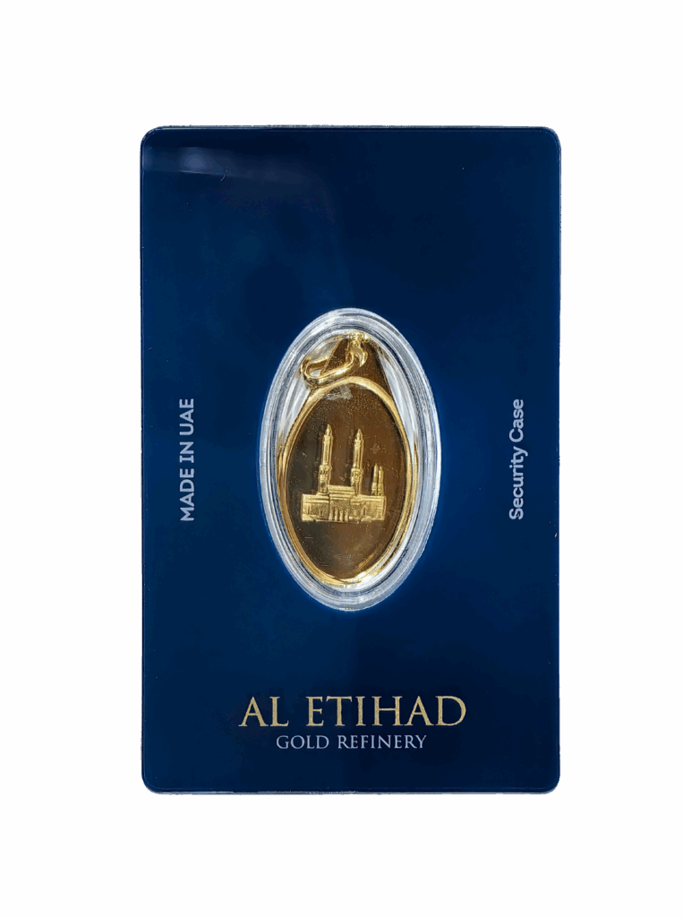 Al Etihad Mecca gold pendant 5 grams 999.9 pure gold with Kaaba design in secure packaging