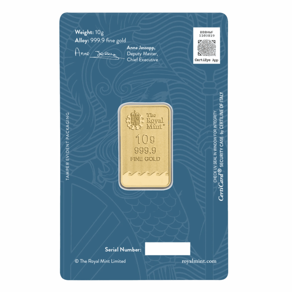 The Royal Mint Britannia 10 gram gold bar featuring Jody Clark’s design with trident and shield, enhanced with state-of-the-art security features.