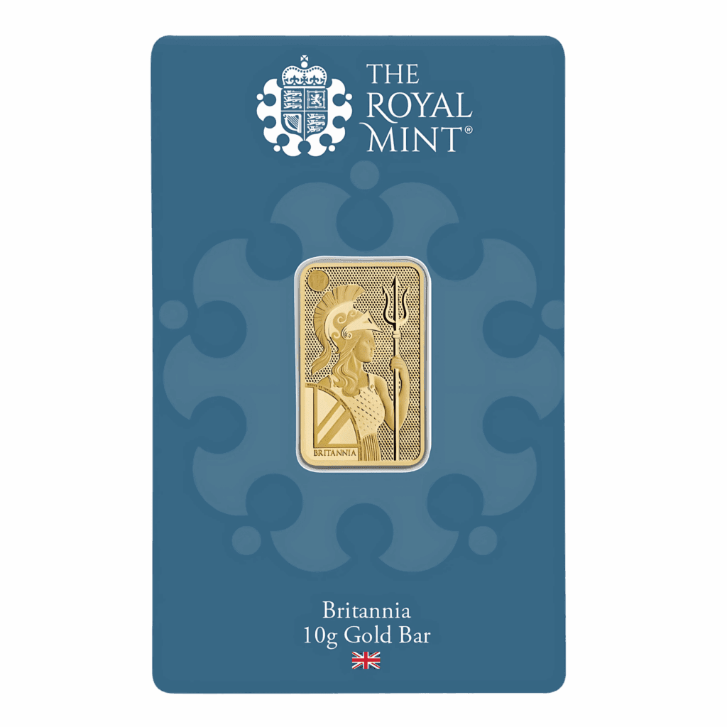 The Royal Mint Britannia 10 gram gold bar featuring Jody Clark’s design with trident and shield, enhanced with state-of-the-art security features.