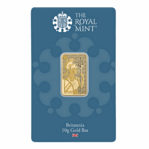 The Royal Mint Britannia 10 gram gold bar featuring Jody Clark’s design with trident and shield, enhanced with state-of-the-art security features.