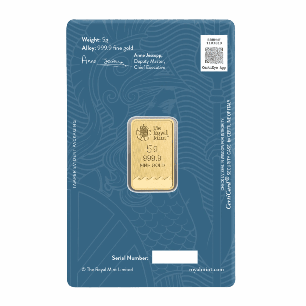 The Royal Mint Britannia 5 gram gold bar featuring Jody Clark’s design with trident and shield, enhanced with state-of-the-art security features.