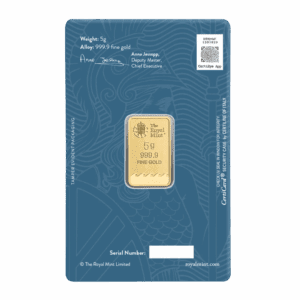 The Royal Mint Britannia 5 gram gold bar featuring Jody Clark’s design with trident and shield, enhanced with state-of-the-art security features.