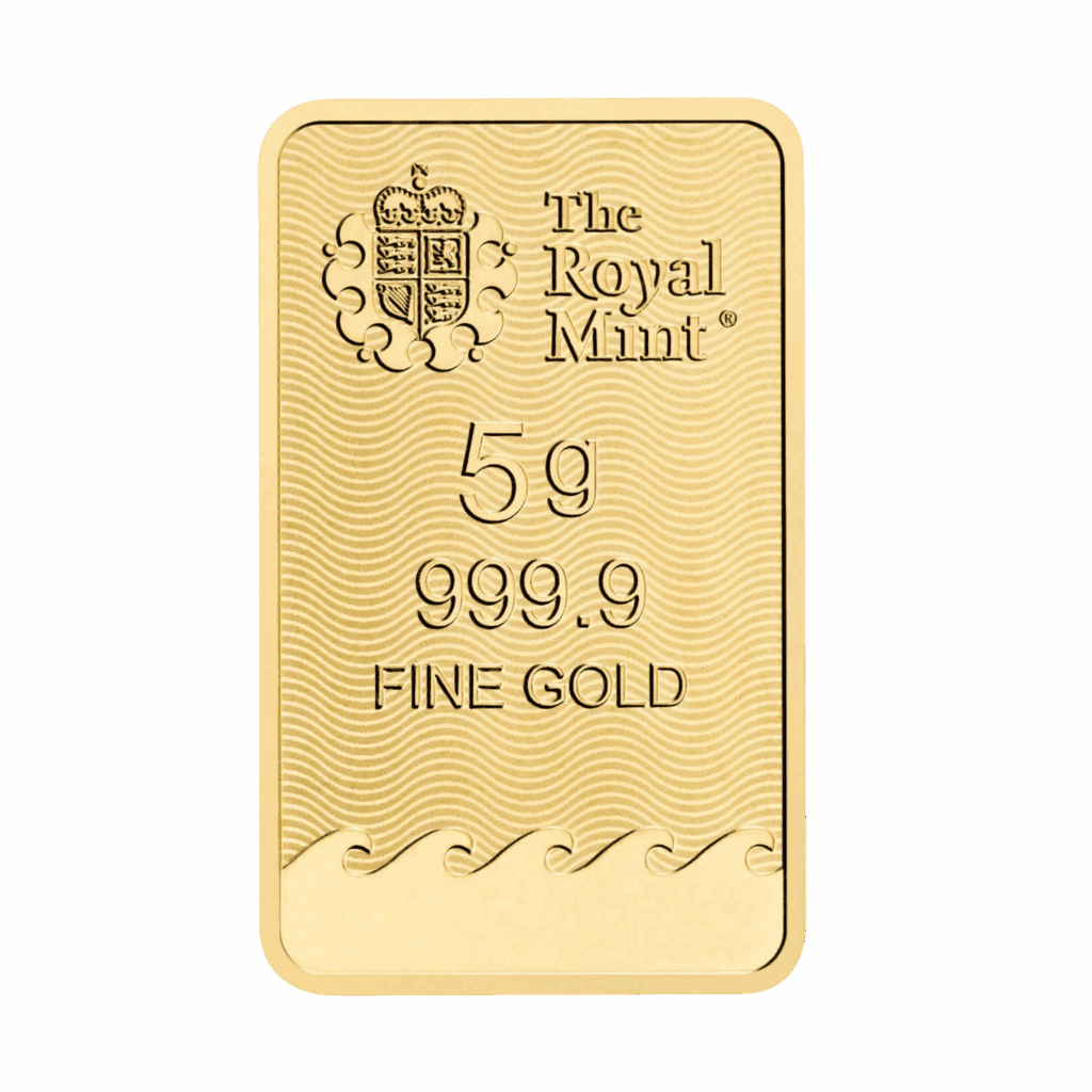 The Royal Mint Britannia 5 gram gold bar featuring Jody Clark’s design with trident and shield, enhanced with state-of-the-art security features.