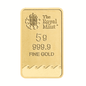 The Royal Mint Britannia 5 gram gold bar featuring Jody Clark’s design with trident and shield, enhanced with state-of-the-art security features.