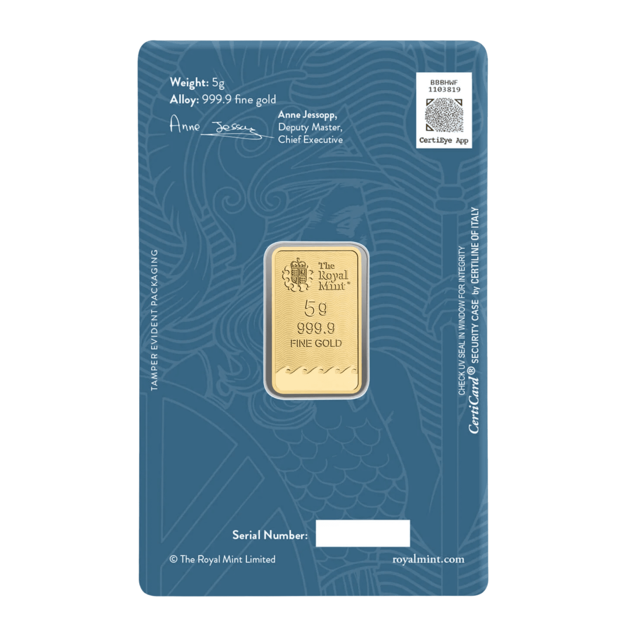 The Royal Mint Britannia 5 gram gold bar featuring Jody Clark’s design with trident and shield, enhanced with state-of-the-art security features.