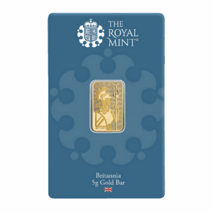 The Royal Mint Britannia 5 gram gold bar featuring Jody Clark’s design with trident and shield, enhanced with state-of-the-art security features.