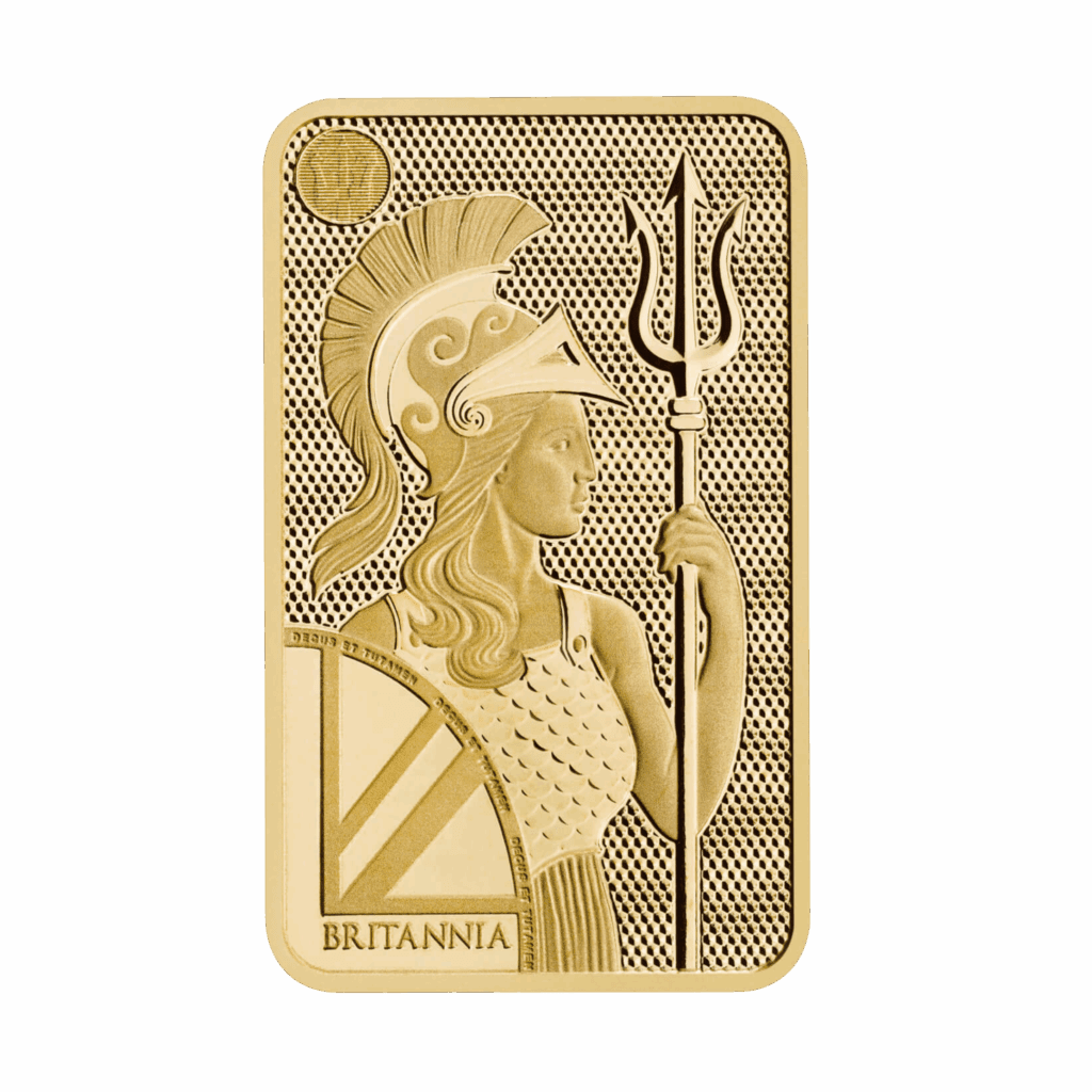 The Royal Mint Britannia gram gold bar featuring Jody Clark’s design with trident and shield, enhanced with state-of-the-art security features.
