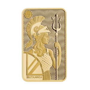 The Royal Mint Britannia gram gold bar featuring Jody Clark’s design with trident and shield, enhanced with state-of-the-art security features.