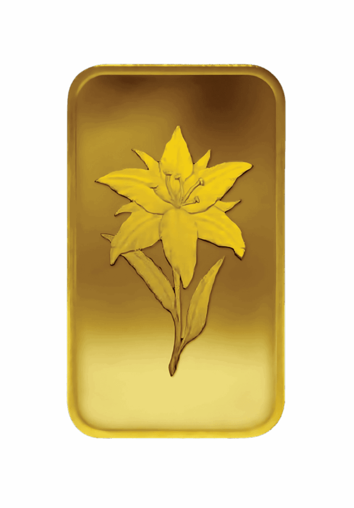 Al Etihad Grams Gold Bar featuring an elegant lily flower design, minted in Dubai