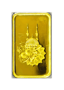 Al Etihad Madeena Gram Gold Bar featuring mosque and floral design in sealed packaging