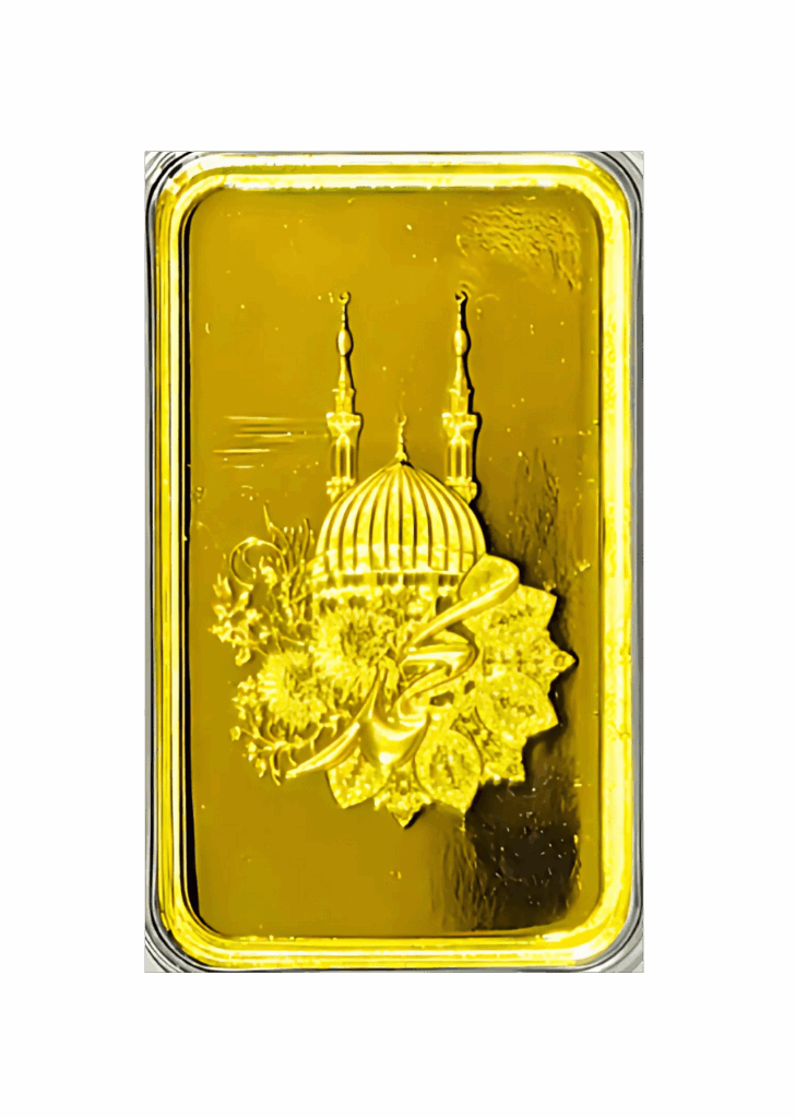 Al Etihad Madeena Gram Gold Bar featuring mosque and floral design in sealed packaging