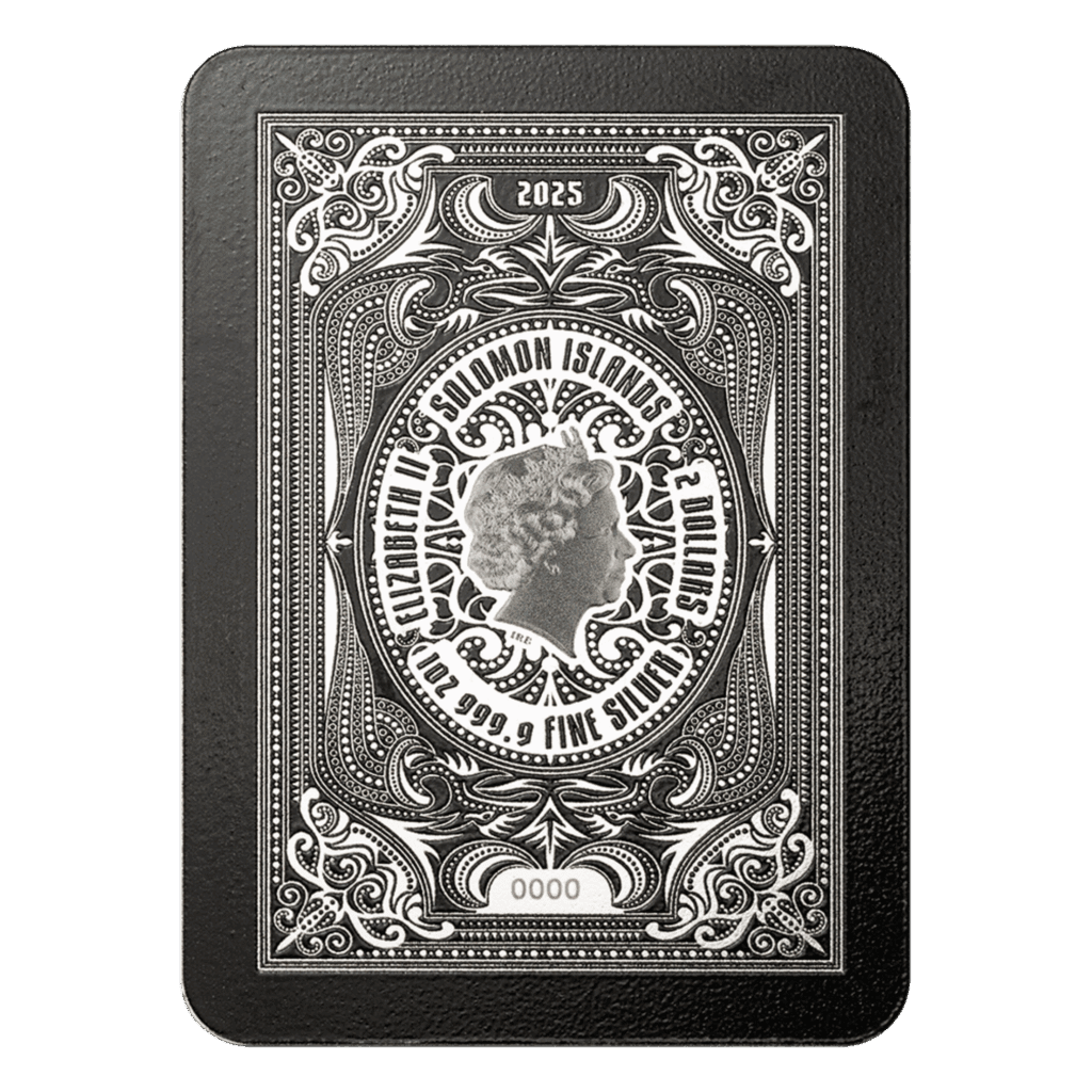 PAMP Suisse King of Spades 1oz silver coin shaped like a playing card with intricate engraved details